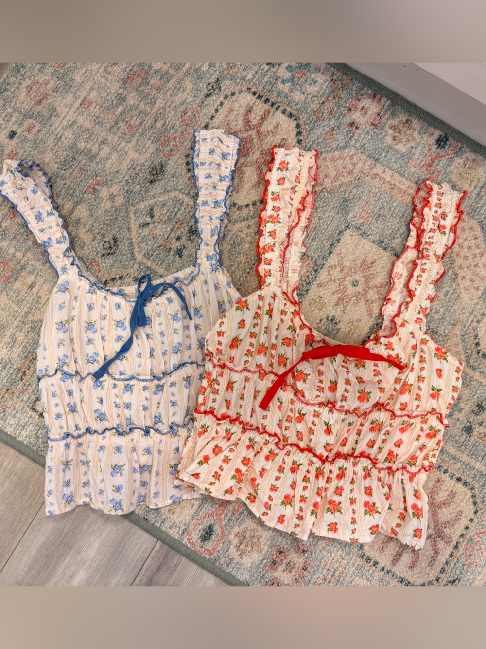 Floral Smocked Ruffle Tank Top — Blue Floral / Red Floral